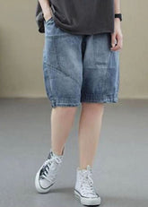 Handgemachte Jeans Hellblau Elastische Taille Taschen Patchwork Baumwolle Kurze Hose